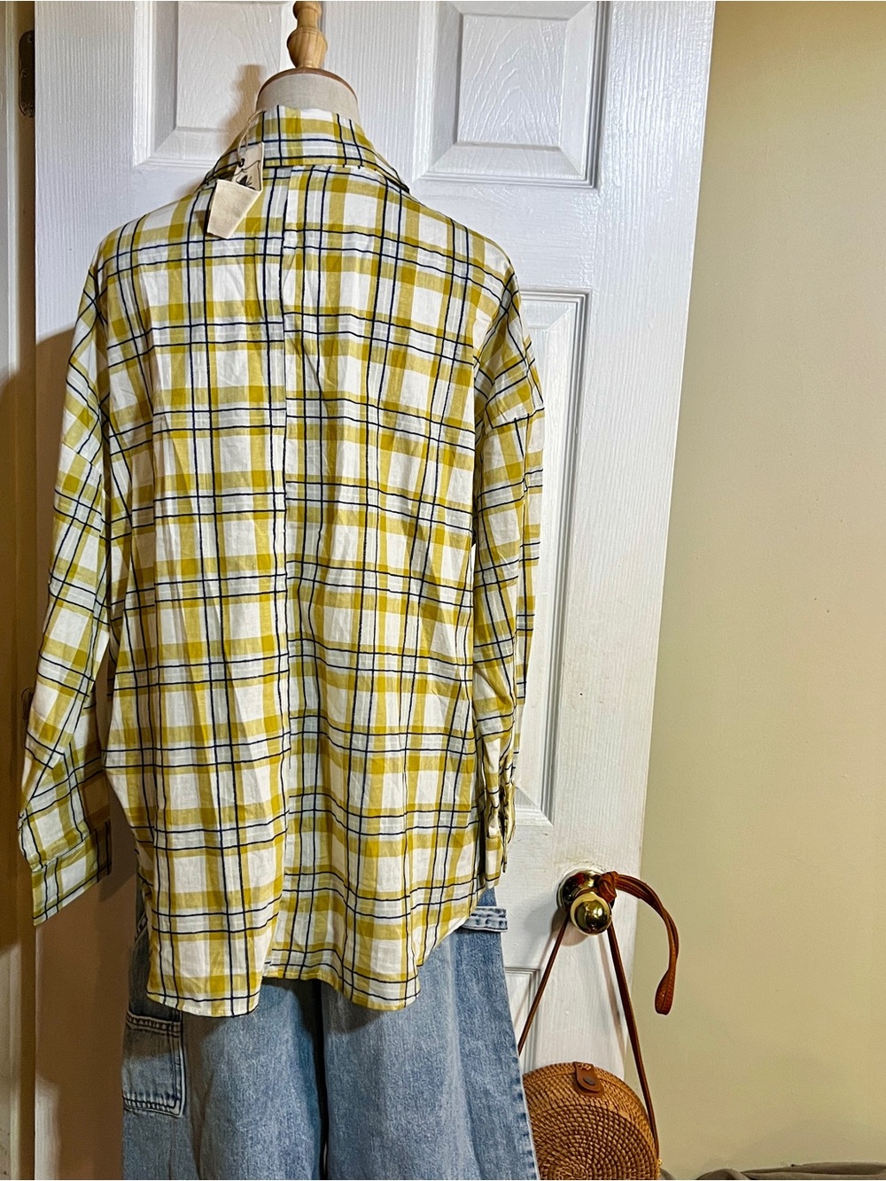 New Easel Wms Yellow Navy Stitched Knit Cotton Textured Twist Hem Plaid Shirt S - Picture 5 of 10